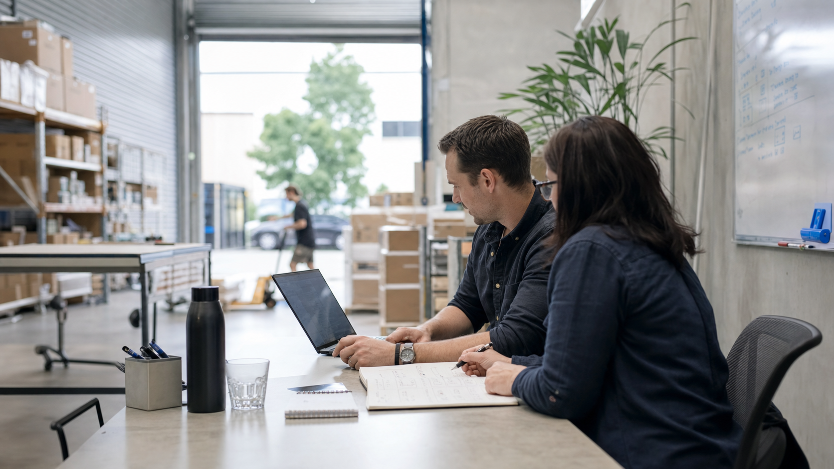 A software consultant and business owner mapping an operational workflow together in a warehouse office